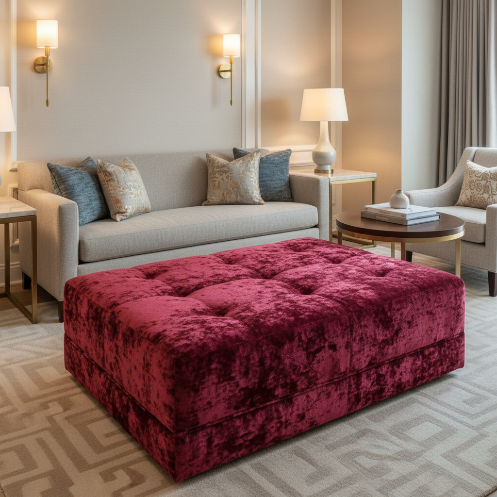 Crushed Velvet Texture Crimson Crush Upholstered Ottoman | Architectural Fabrics