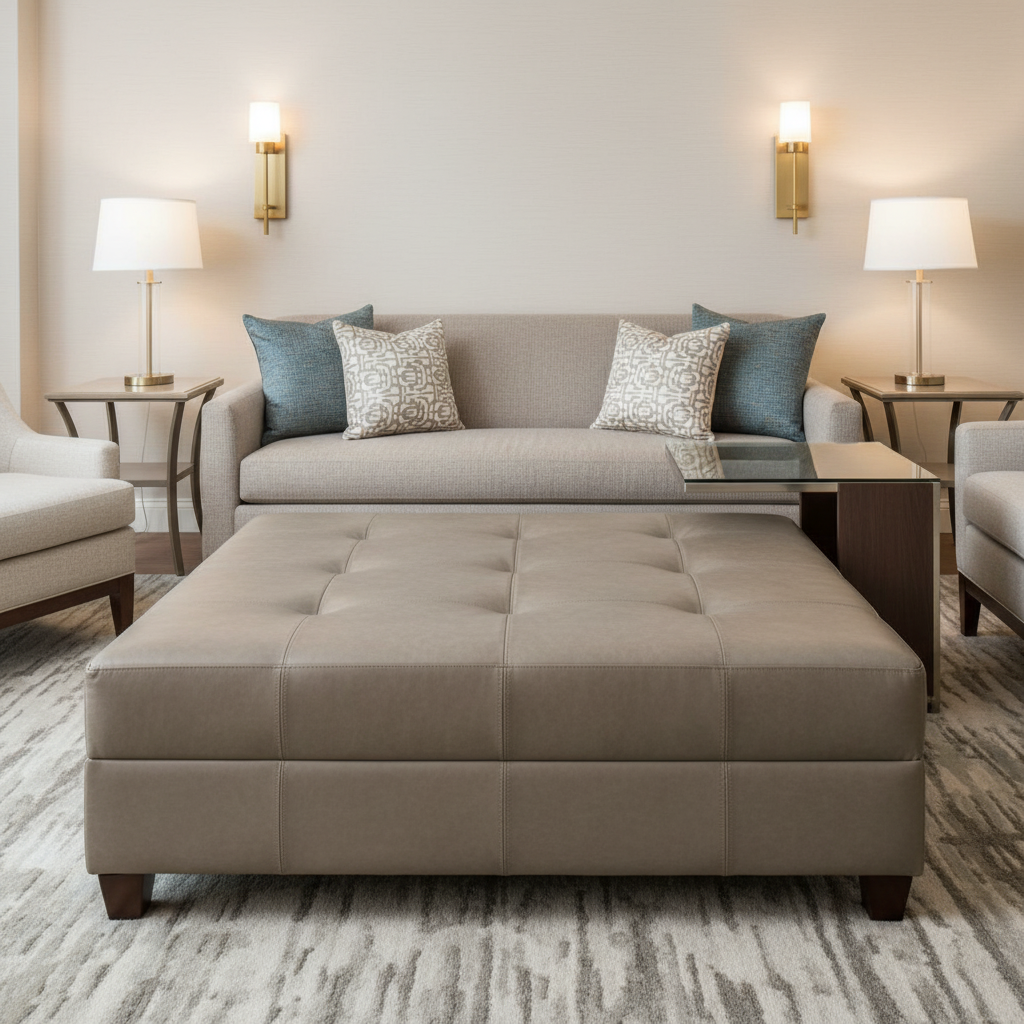 Smooth Pebble Grain Soft Taupe Upholstered Ottoman | Architectural Fabrics