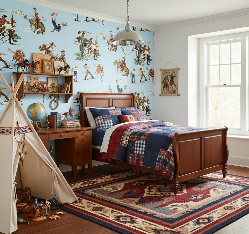 The Original Yeeha 1950's Cowboy - Light Blue Mid-Century Modern | Architectural Wallcoverings - Boys Adventure Bedroom Room Setting