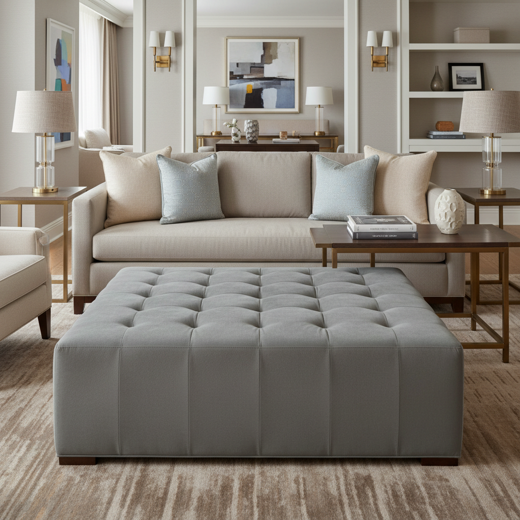 Ultrasuede  French Grey  Grey Upholstered Ottoman | Ultrasuede Upholstery