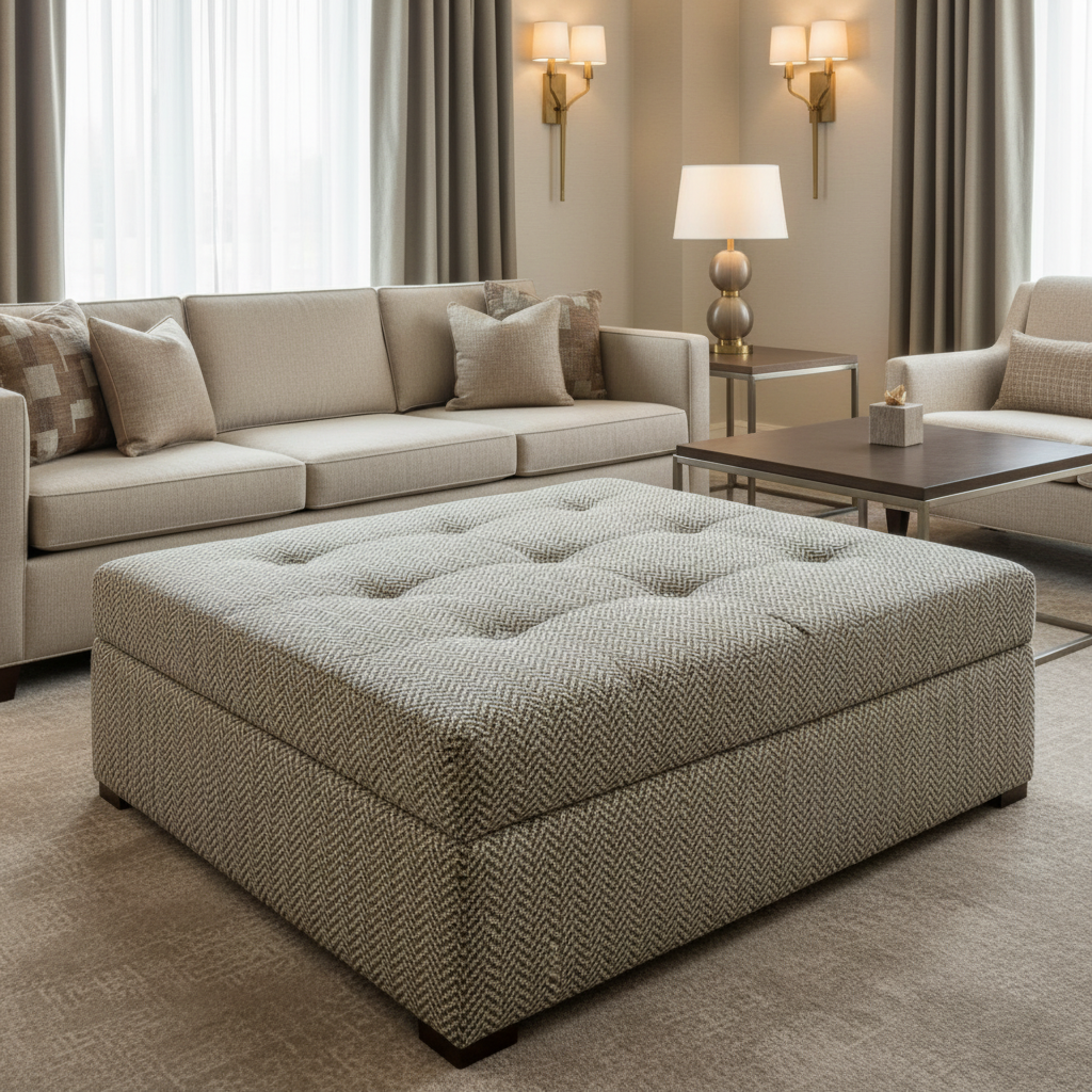 Woven Chevron Texture Slate Beige Upholstered Ottoman | Architectural Fabrics