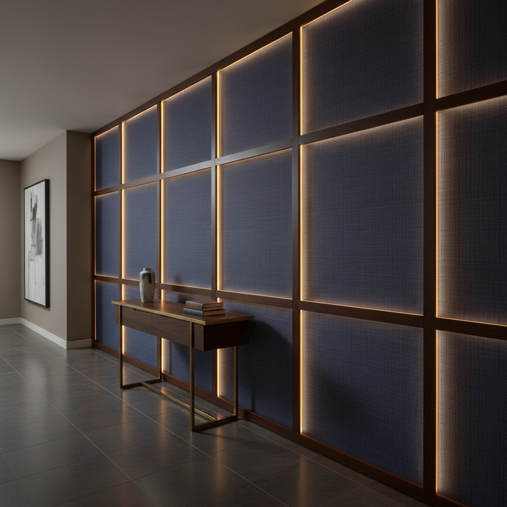 Woven Crosshatch Texture Deep Indigo Upholstered Wall Panel | Architectural Fabrics