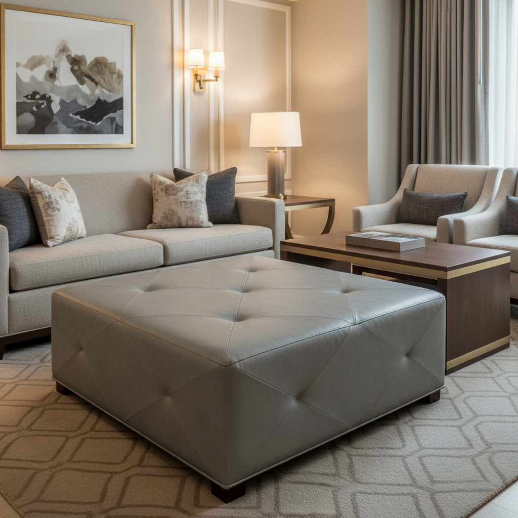 Smooth Faux Leather Soft Grey Upholstered Ottoman | Architectural Fabrics