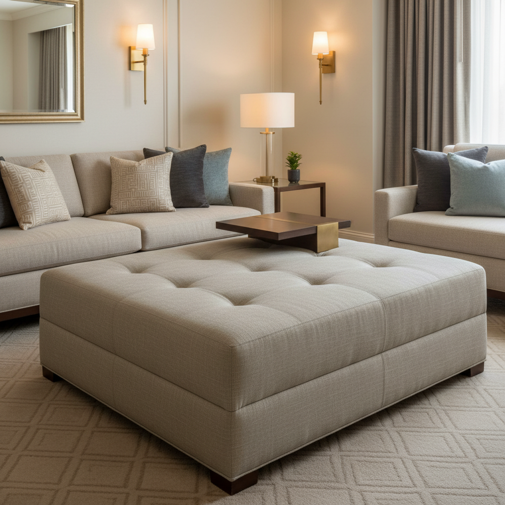 Aspect - Stone Linen Performance Polyurethane Upholstered Ottoman | Architectural Fabrics