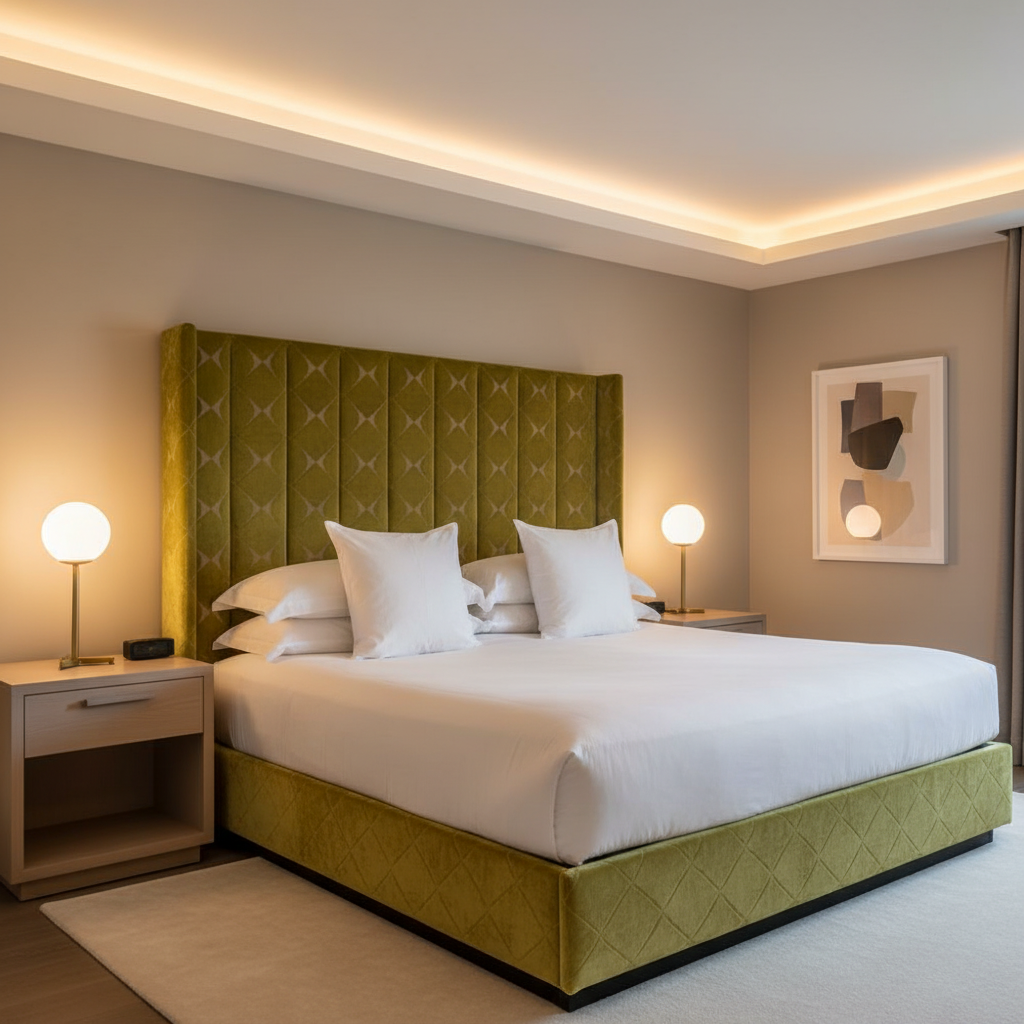 Geometric Velvet Diamonds Golden Pistachio Upholstered Headboard | Architectural Fabrics