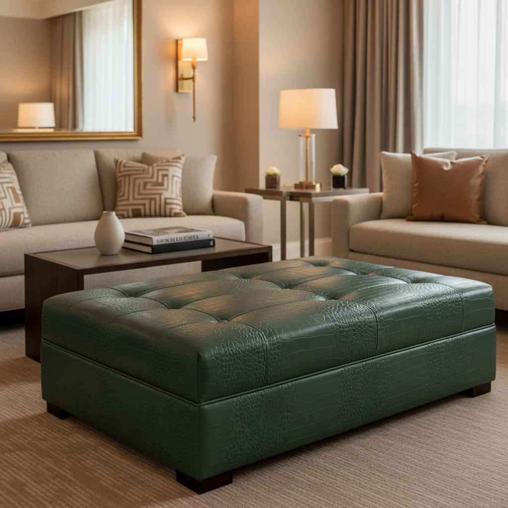Embossed Reptile Scale Deep Forest Upholstered Ottoman | Architectural Fabrics