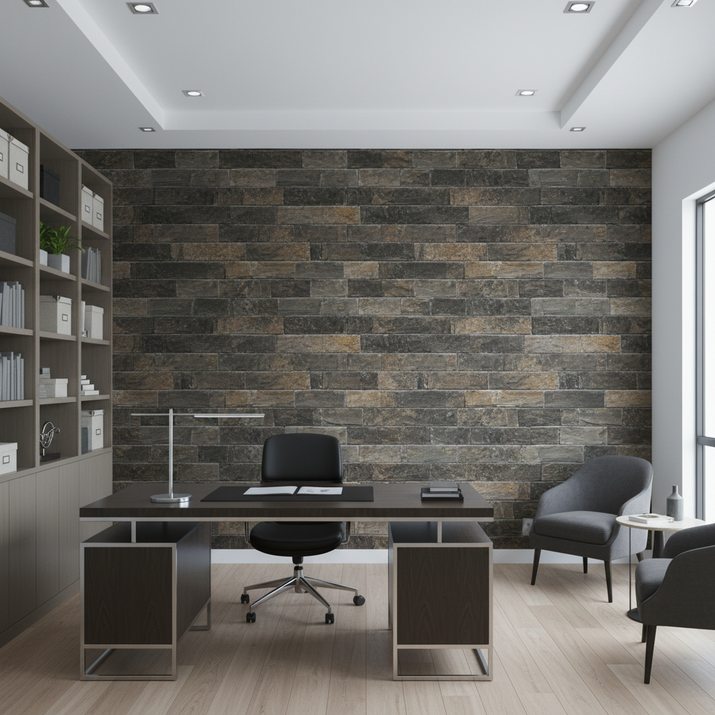 Vomera Midnight Travertine Faux Tile | Hollywood Wallcoverings - Corporate Office commercial room setting