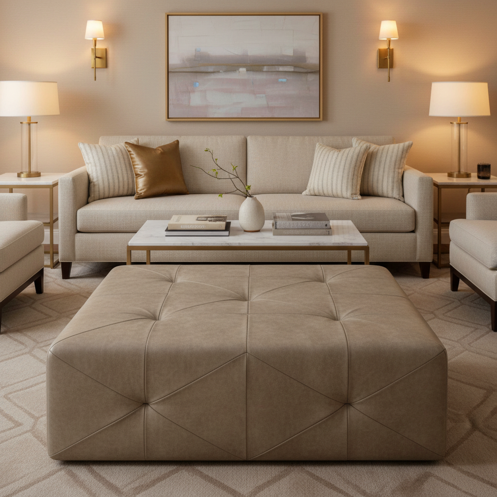 Subtle Pebble Texture Mushroom Taupe Upholstered Ottoman | Architectural Fabrics
