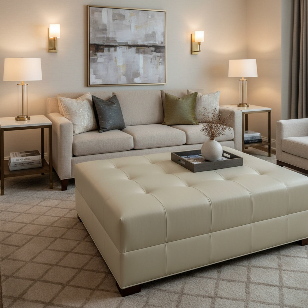 Smooth Solid Color Neutral Stone Upholstered Ottoman | Architectural Fabrics