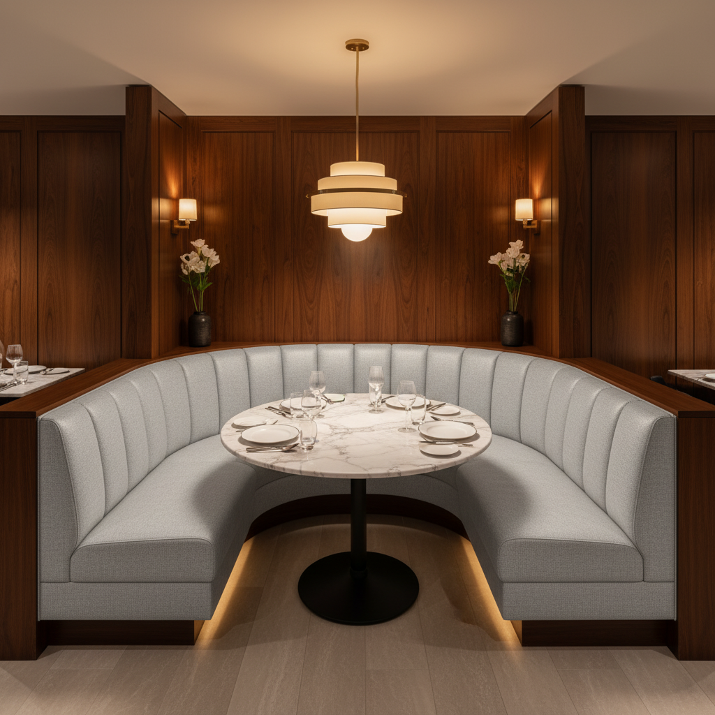 Subtle Pebble Grain Icy Silver Upholstered Banquette | Architectural Fabrics