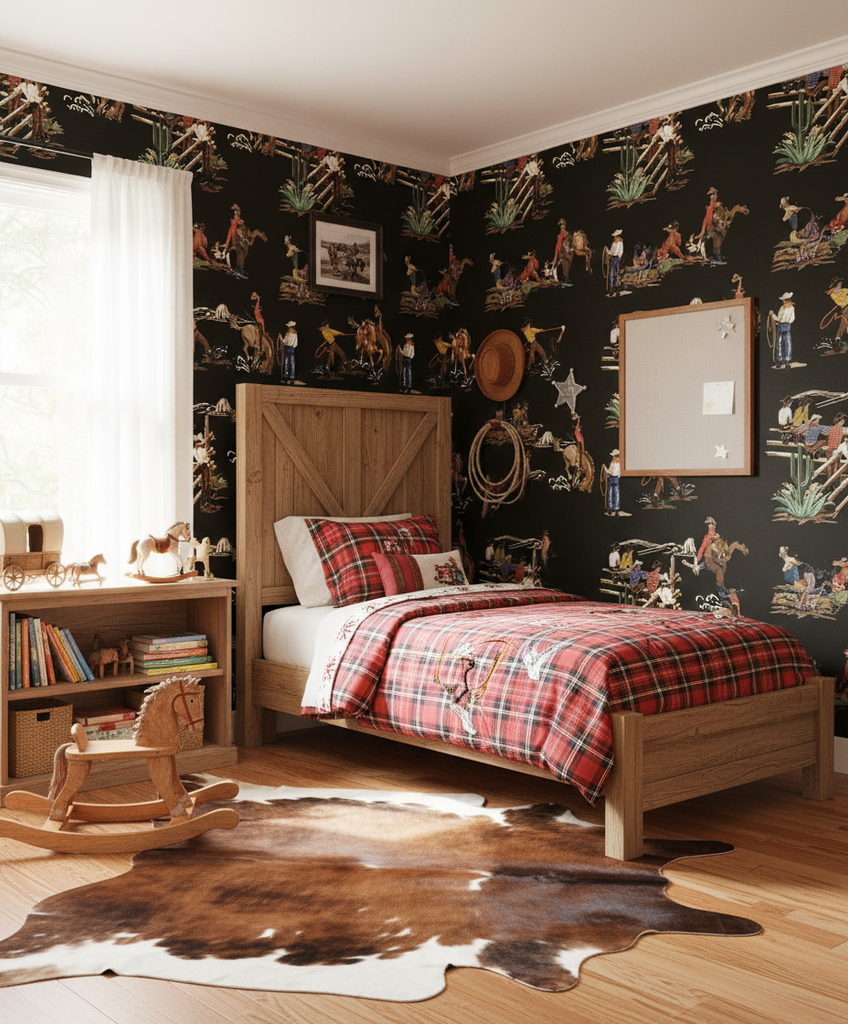 The Original Yeeha 1950's Cowboy - Midnight Mid-Century Modern | Architectural Wallcoverings - Boys Bedroom Room Setting
