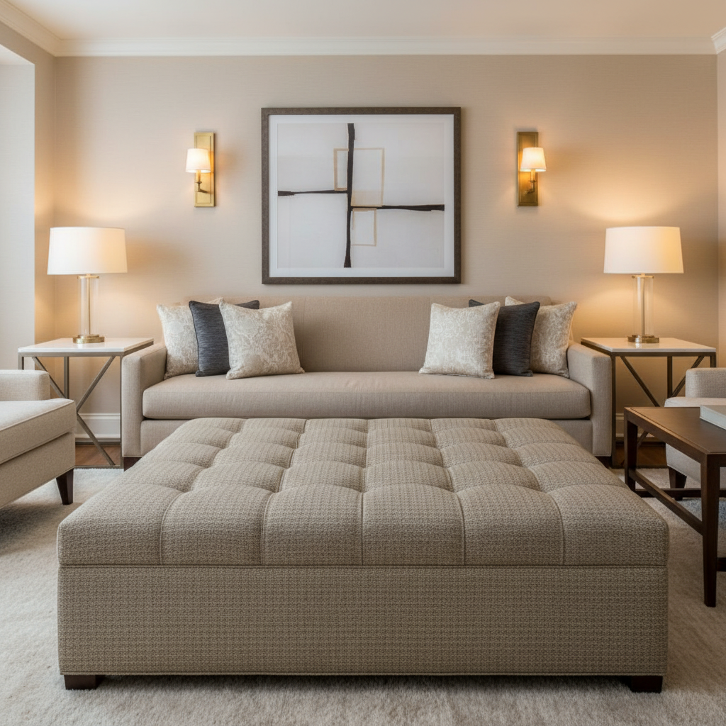 Woven Textured Grid Soft Taupe Upholstered Ottoman | Architectural Fabrics