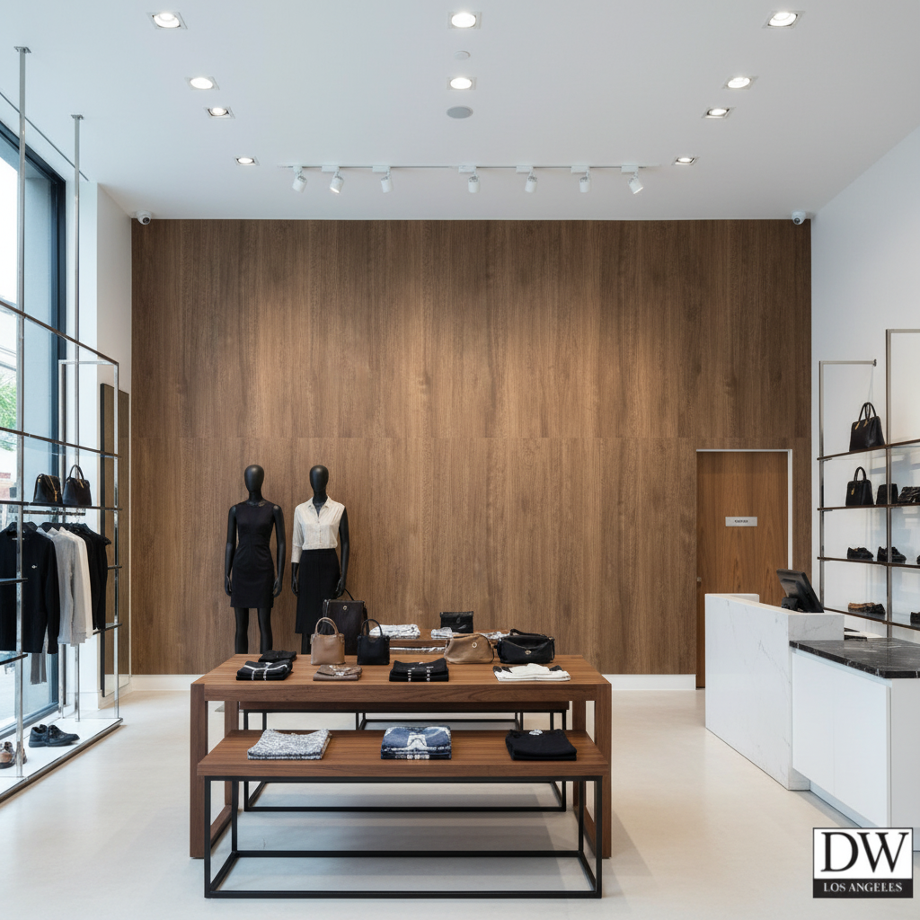 Biscay Bay Hickory Wood Grain | Hollywood Wallcoverings - Retail Showroom commercial room setting