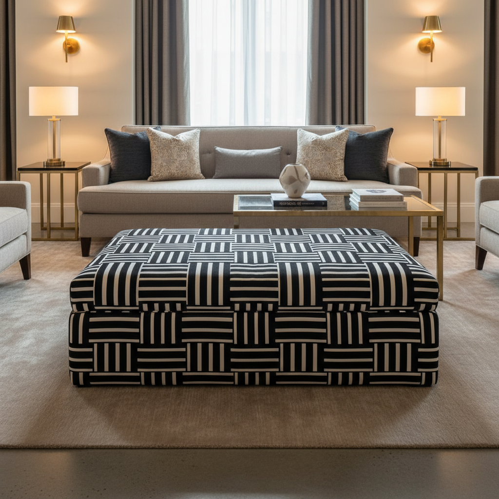 Lawrenceville Midnight Contemporary black & white Upholstered Ottoman | Architectural Fabrics