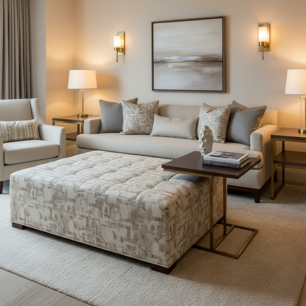 Monterey Natural Transitional ivory & taupe Upholstered Ottoman | Architectural Fabrics