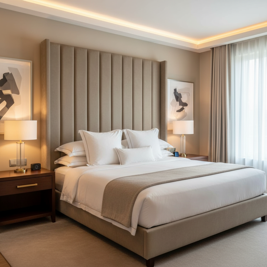 Subtle Pebble Texture Mushroom Taupe Upholstered Headboard | Architectural Fabrics