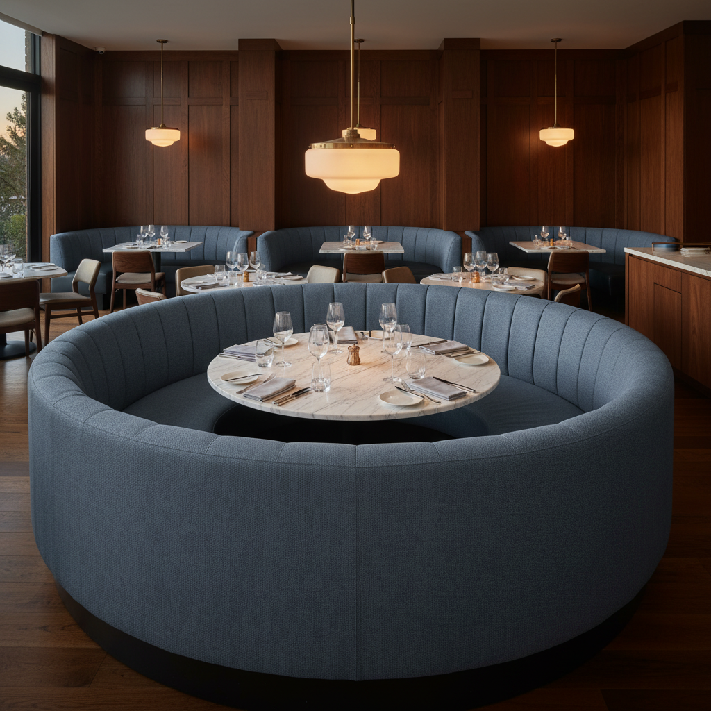 Fine Pebble Grain Denim Blue Upholstered Banquette | Architectural Fabrics