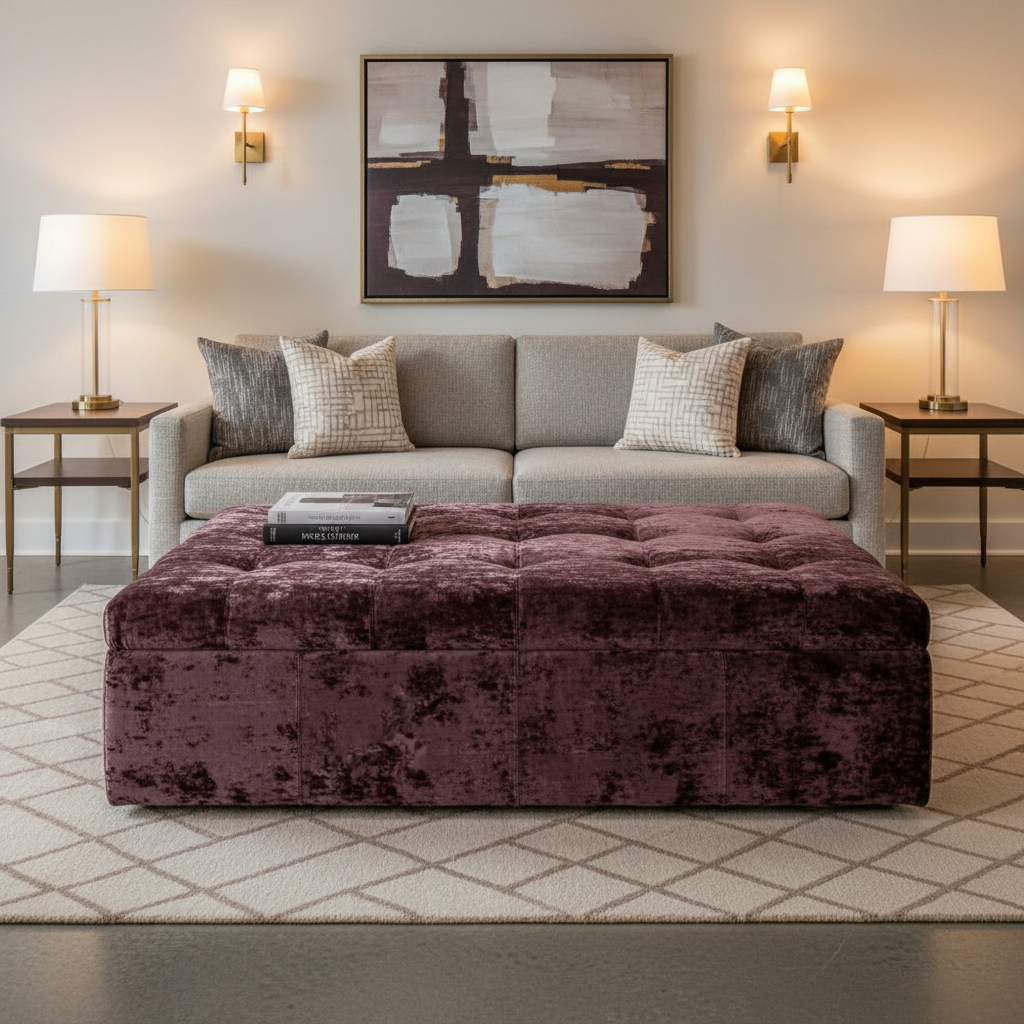 Crushed Velvet Texture Deep Plum Upholstered Ottoman | Architectural Fabrics
