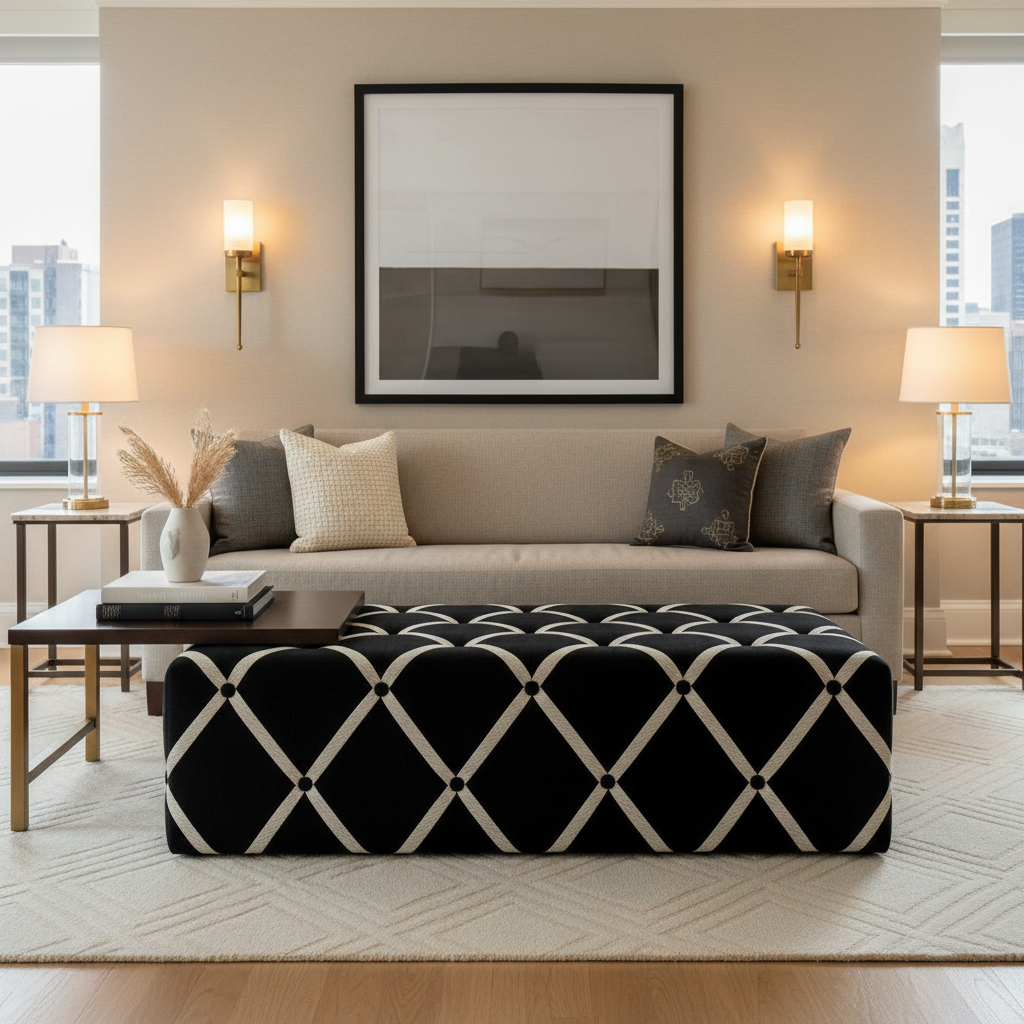 Exmore Ebony Traditional black & ivory Upholstered Ottoman | Architectural Fabrics