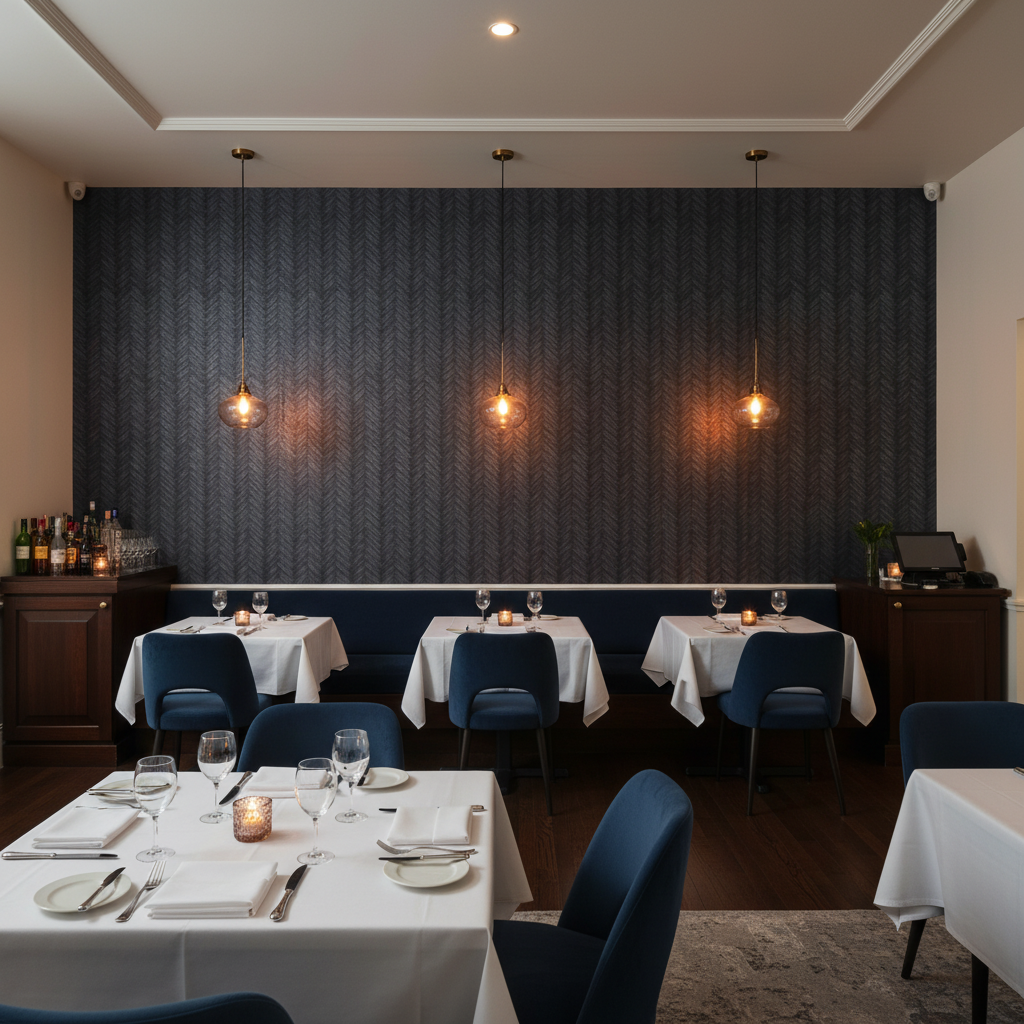 Moroccan Midnight Basketweave | Hollywood Wallcoverings - Restaurant Dining commercial room setting