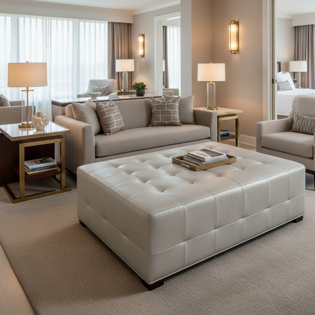 Subtle Textured Grain Soft Silver Upholstered Ottoman | Architectural Fabrics