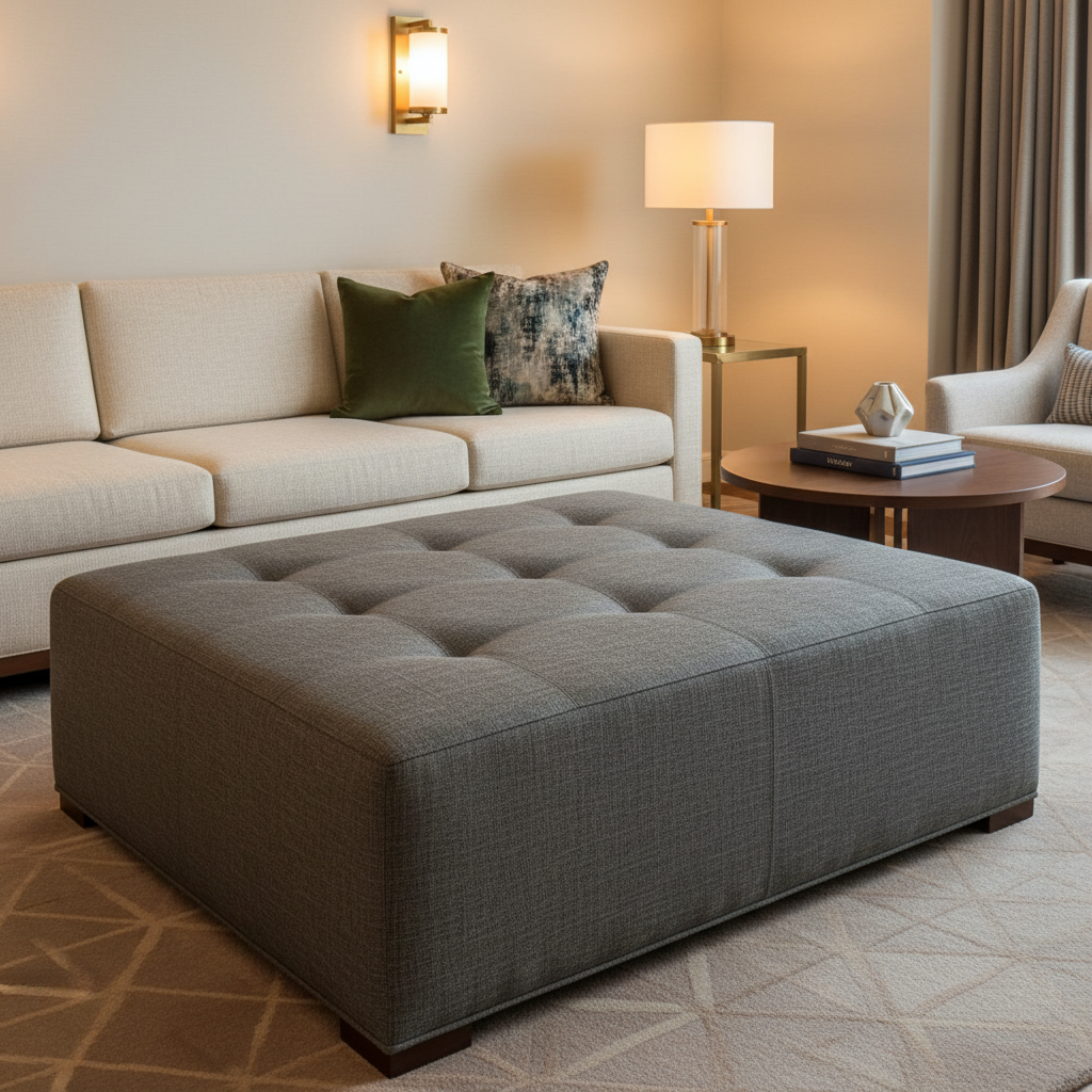 Woven Linen Texture Charcoal Grey Upholstered Ottoman | Architectural Fabrics