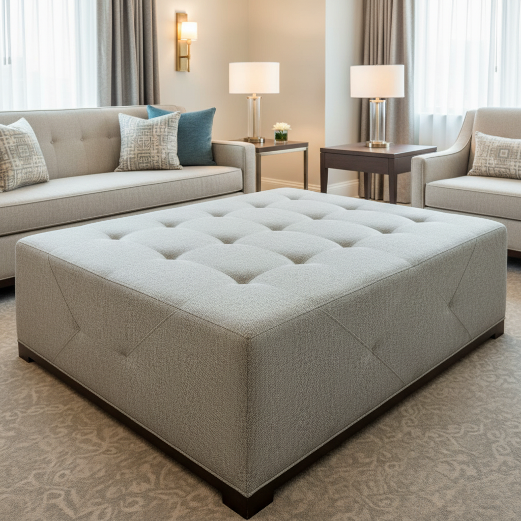 Brushed Linen Weave Soft Silver Upholstered Ottoman | Architectural Fabrics