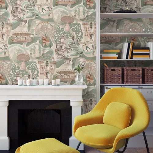Carnival Map Grass Green - Beige Wallcovering | Brand McKenzie