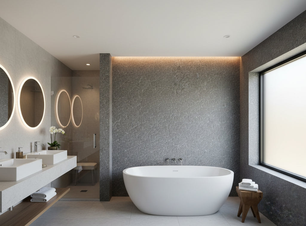 Caron Tabac Wallcovering - bathroom room setting