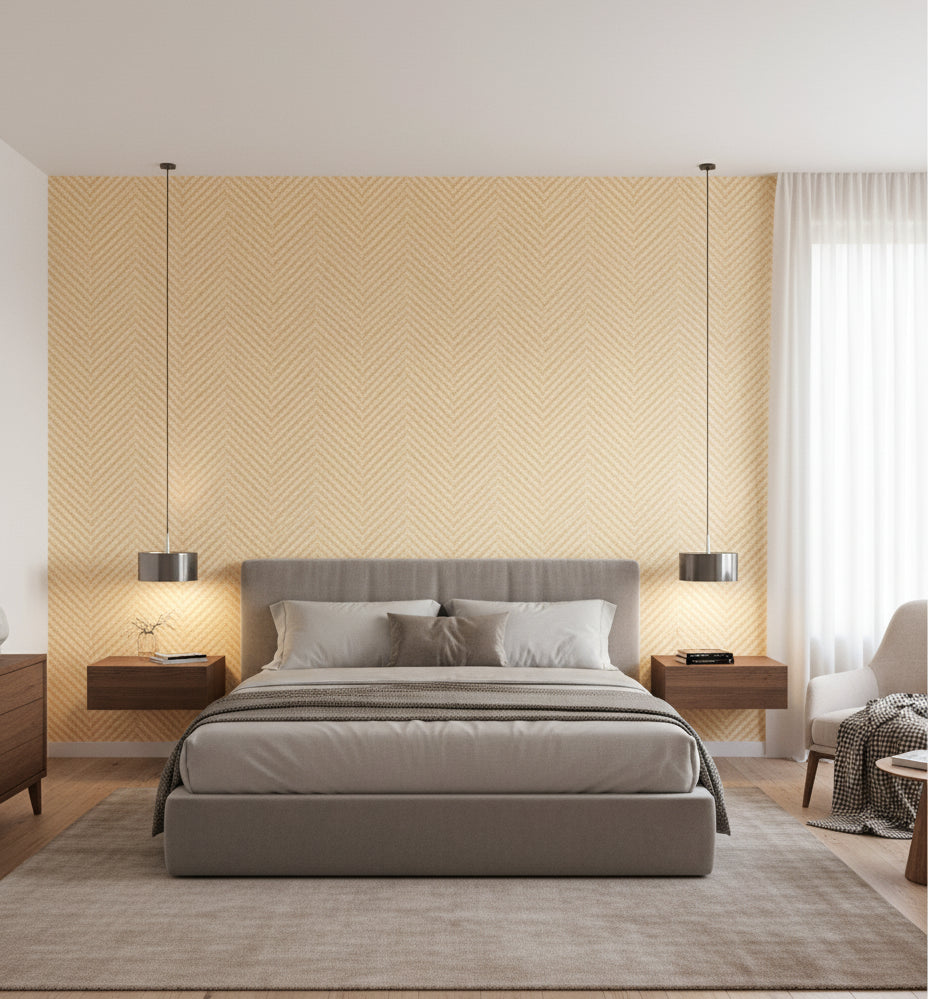 Carrara Ivory Chevron Grasscloth Wallcovering | Fentucci - bedroom room setting