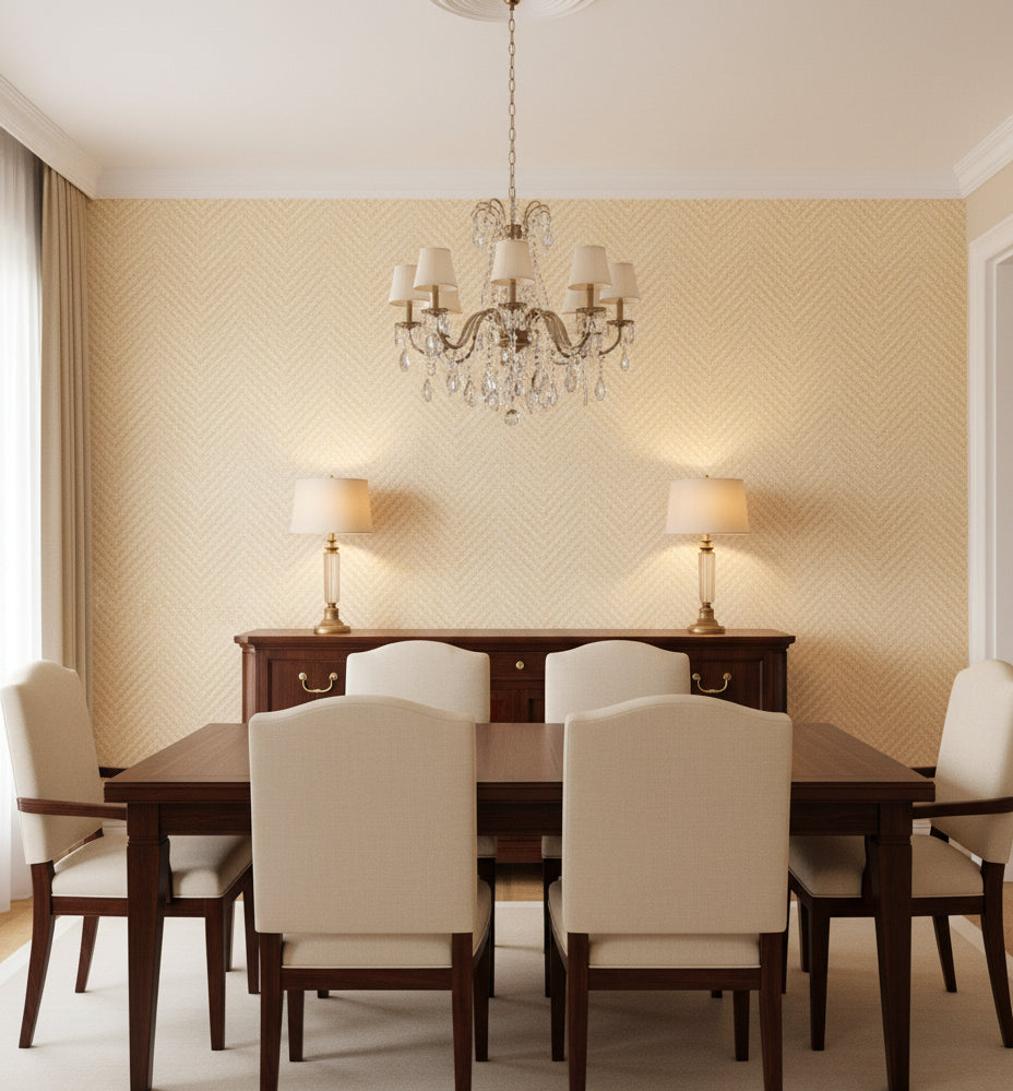 Carrara Ivory Chevron Grasscloth Wallcovering | Fentucci - dining room room setting