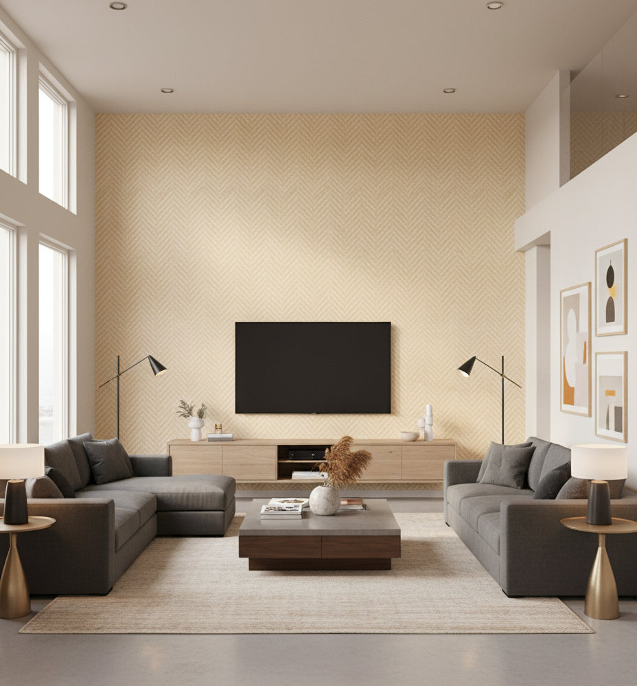 Carrara Ivory Chevron Grasscloth Wallcovering | Fentucci - living room room setting