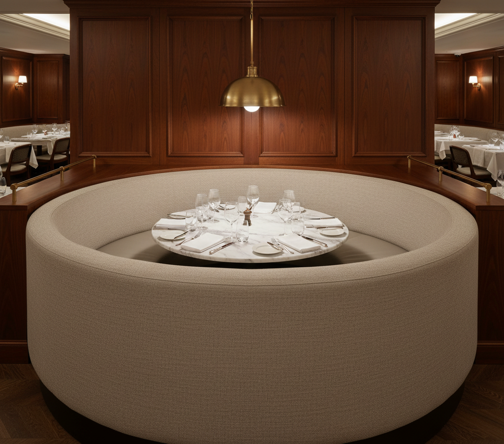 BEVERLY - Oatmeal Tweed Blackout Drapery Upholstered Banquette | Architectural Fabrics