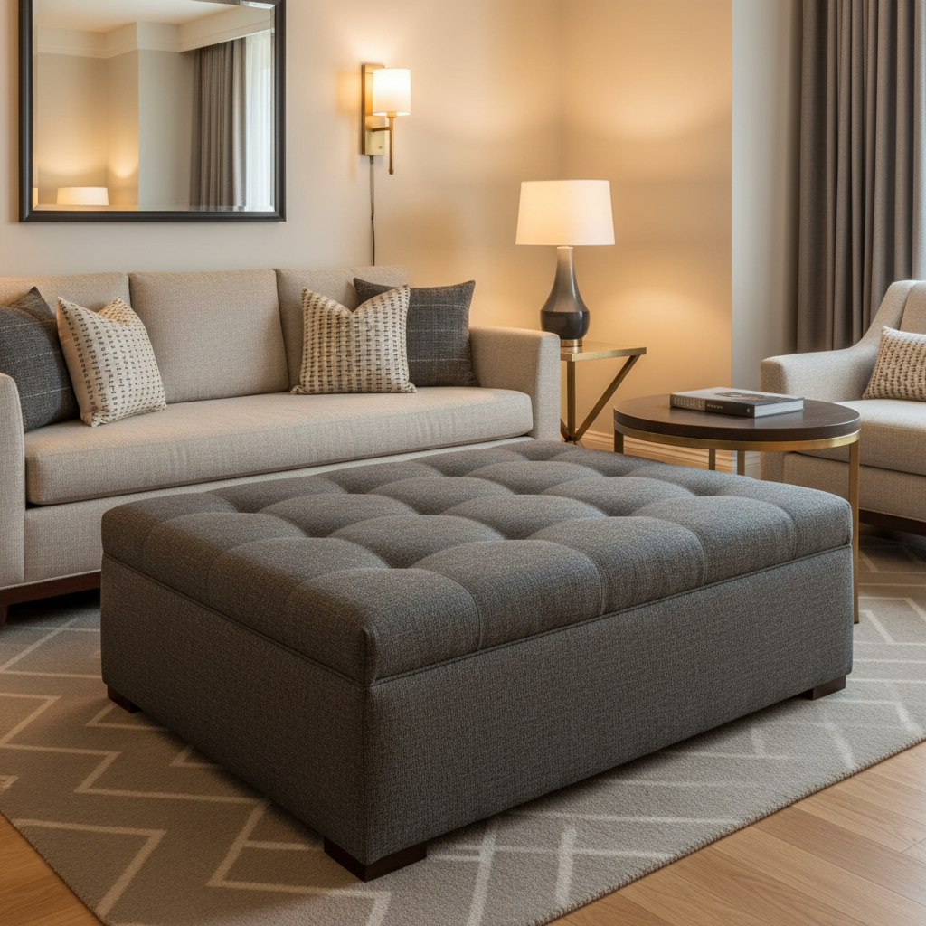 Fine Woven Texture Smoked Graphite Upholstered Ottoman | Architectural Fabrics