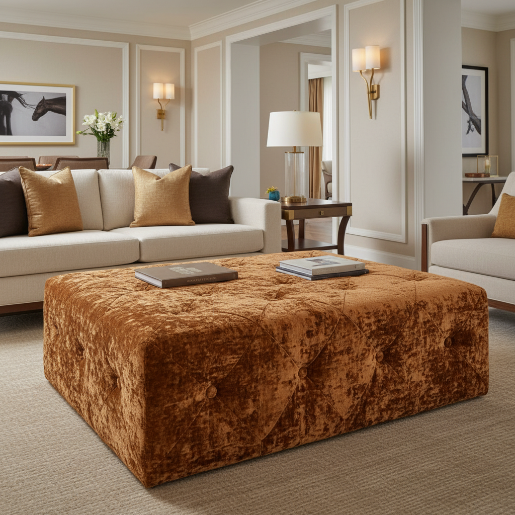 Crushed Velvet Texture Burnished Bronze Upholstered Ottoman | Architectural Fabrics