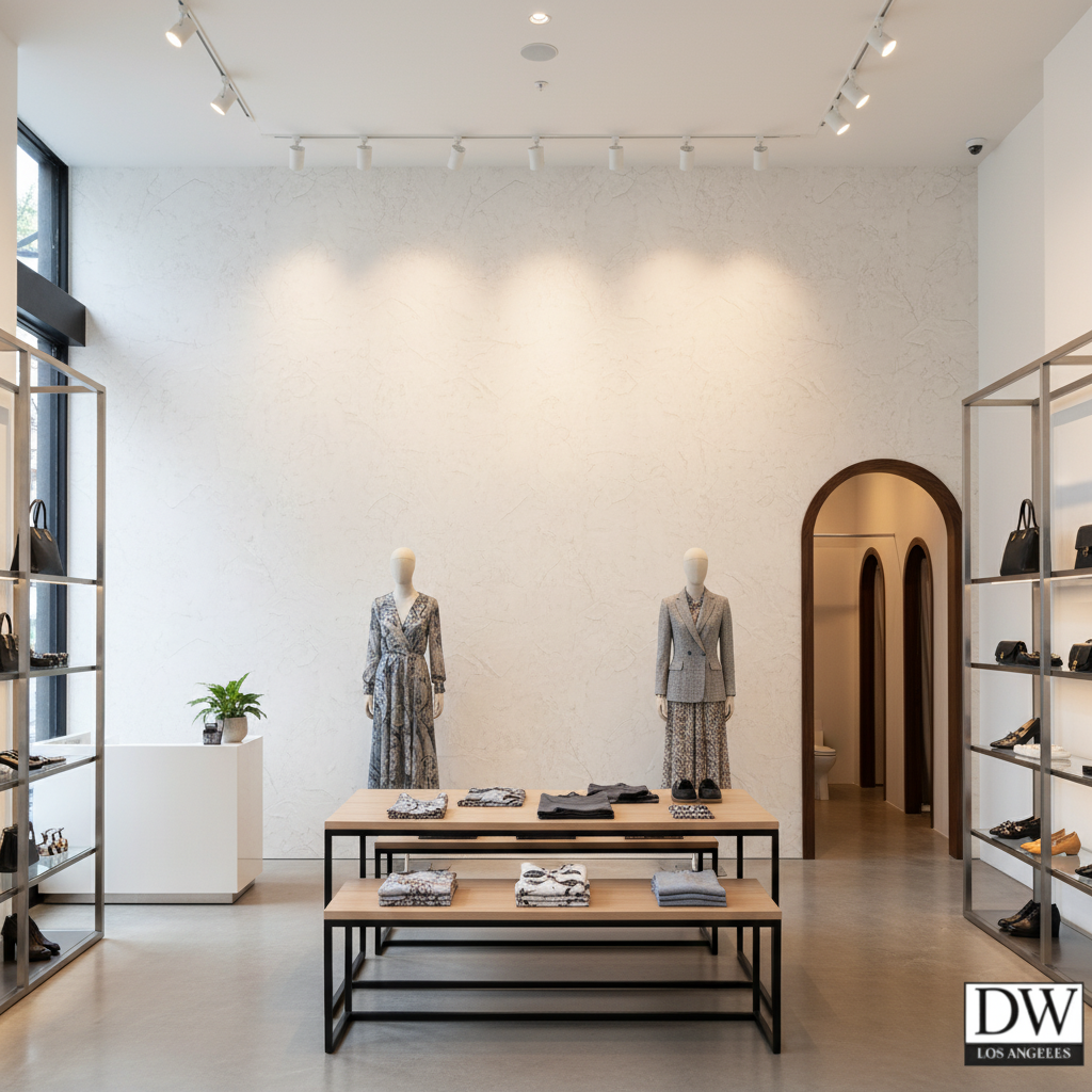 Vomera Snow White Faux Travertine | Hollywood Wallcoverings - Retail Showroom commercial room setting