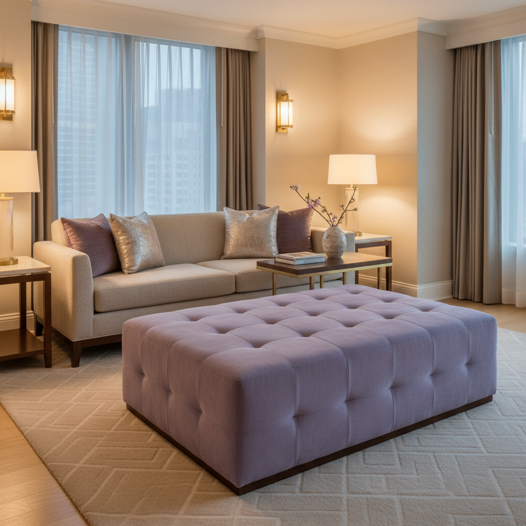 Ultrasuede  Lilac  Purple, Grey Upholstered Ottoman | Ultrasuede Upholstery