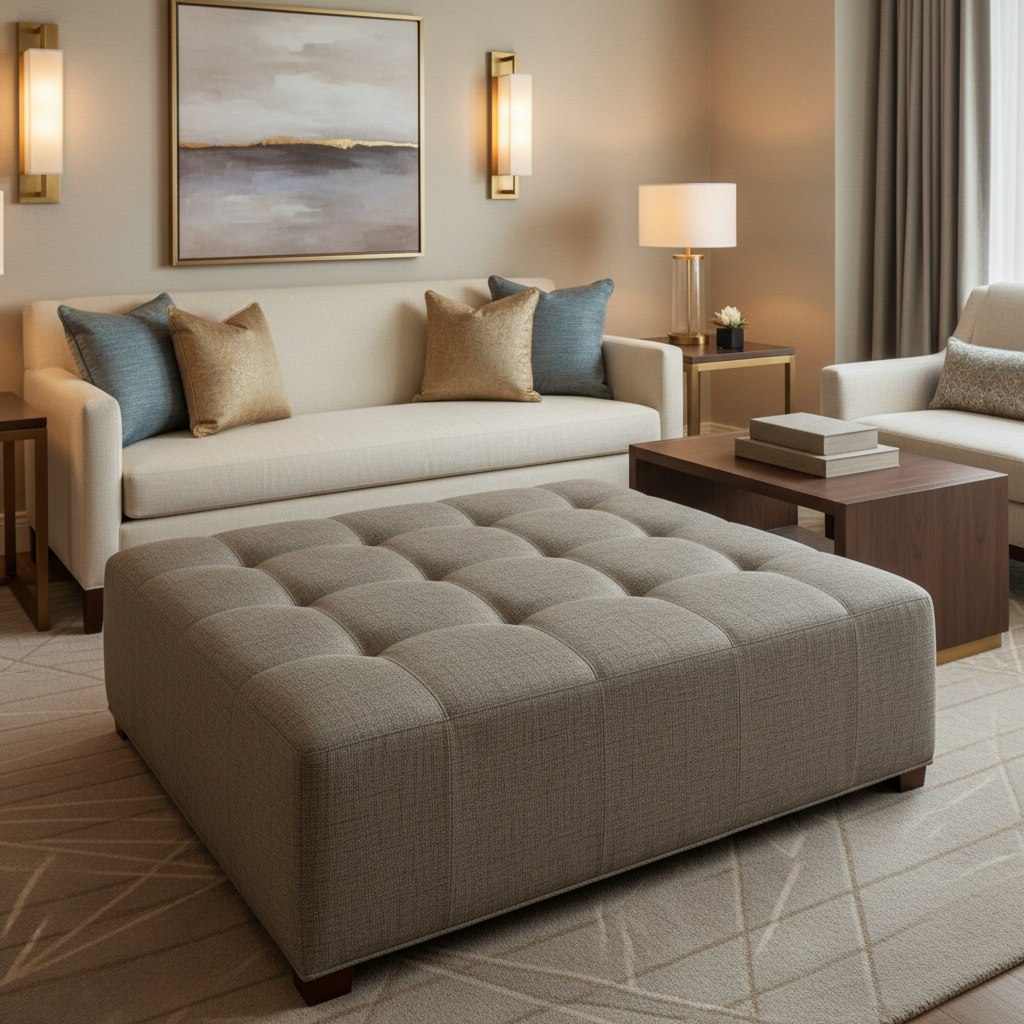 Brushed Linen Weave Misty Taupe Upholstered Ottoman | Architectural Fabrics