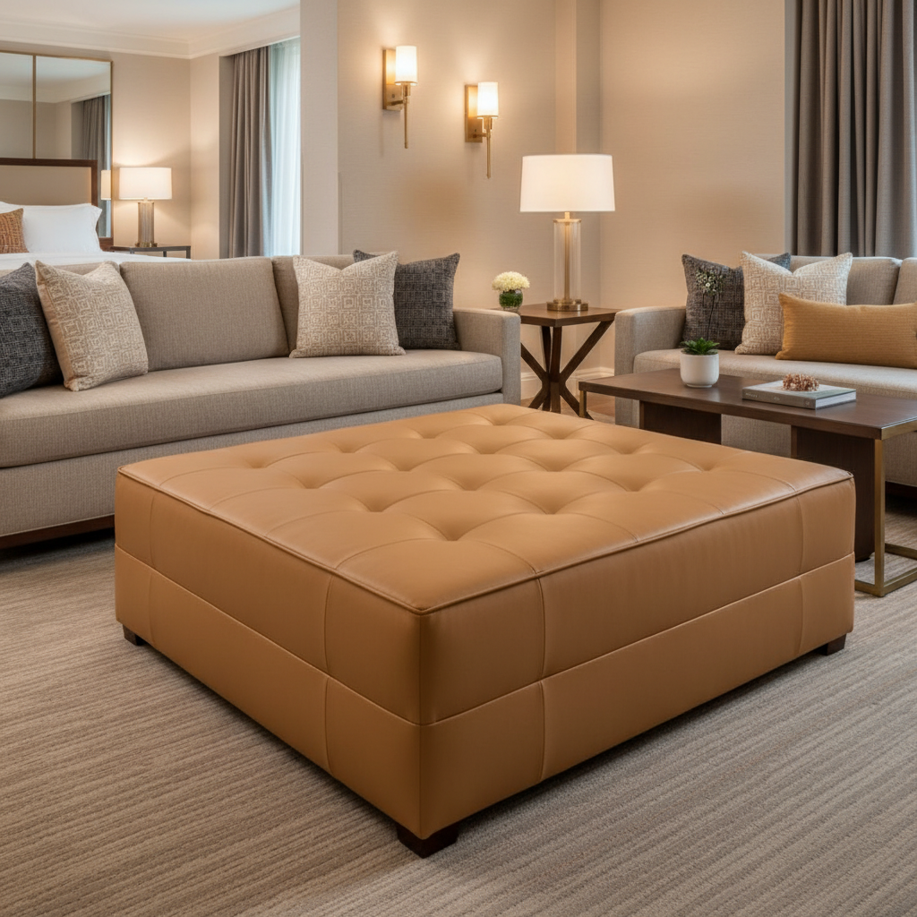 Smooth Leather Grain Caramel Tan Upholstered Ottoman | Architectural Fabrics