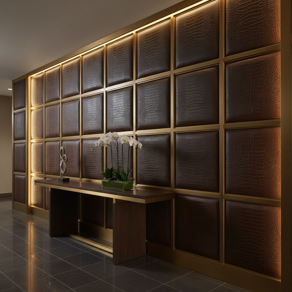 Embossed Reptile Skin Dark Chocolate Upholstered Wall Panel | Architectural Fabrics