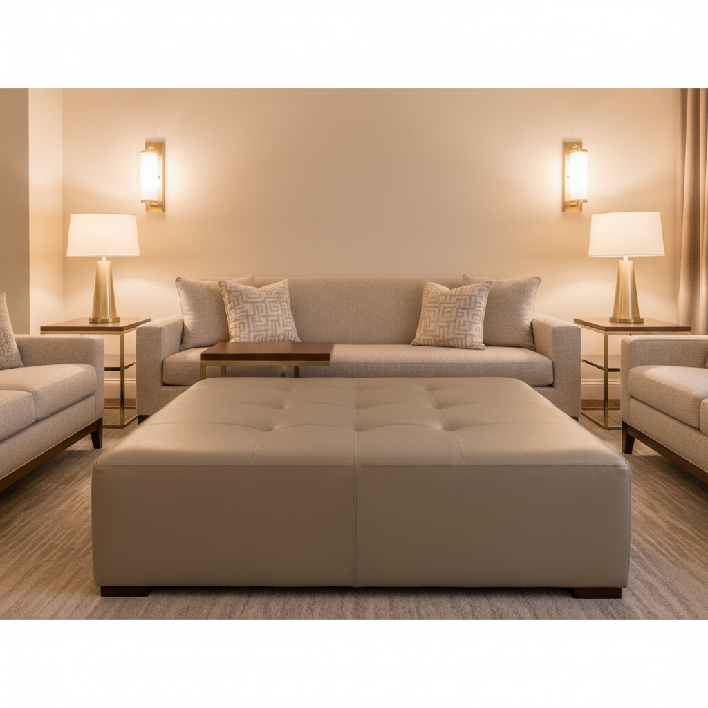 Smooth Pebble Grain Mushroom Taupe Upholstered Ottoman | Architectural Fabrics