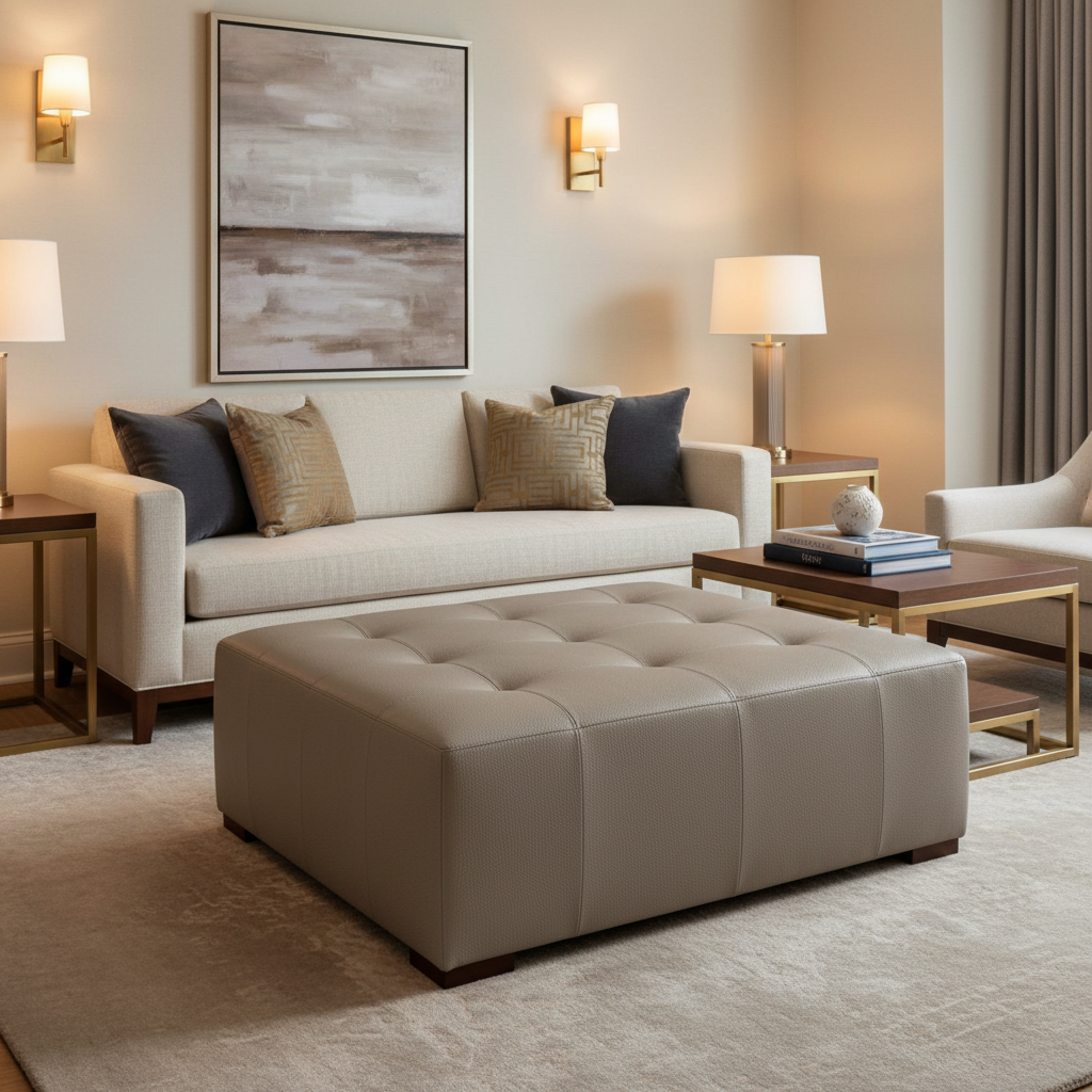 Fine Pebble Grain Mushroom Taupe Upholstered Ottoman | Architectural Fabrics