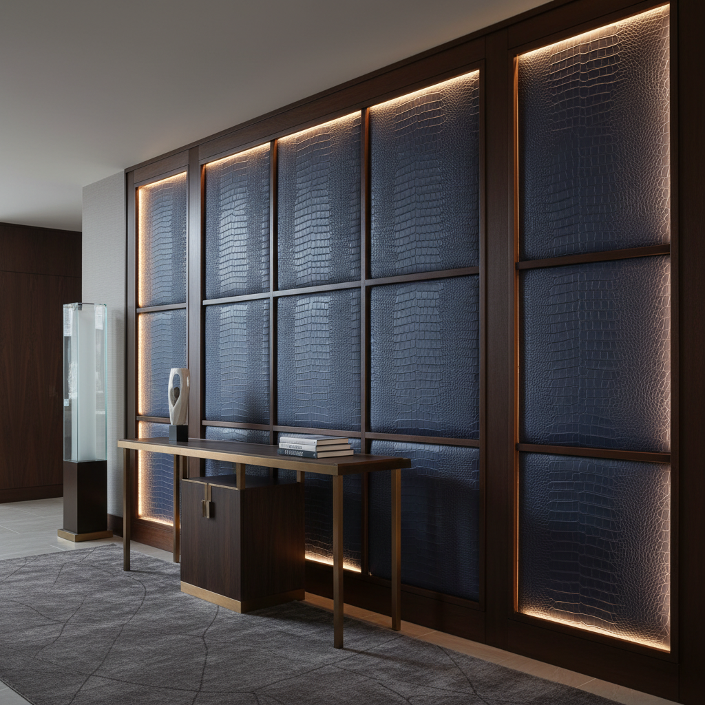 Embossed Reptile Scale Deep Indigo Upholstered Wall Panel | Architectural Fabrics