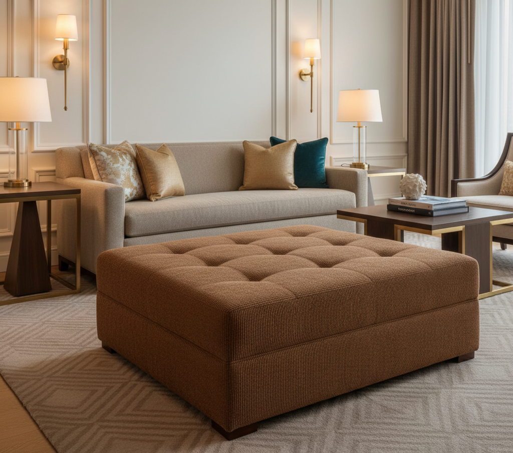 BANDOLIER - Cocoa Bean Faux Leather Upholstered Ottoman | Architectural Fabrics