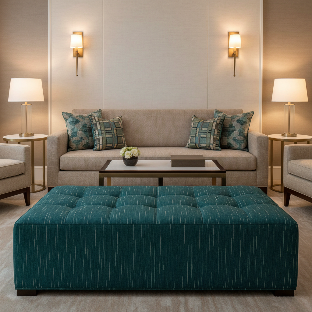 Stitchwork Bay - Sea Blue Upholstered Ottoman | Architectural Fabrics