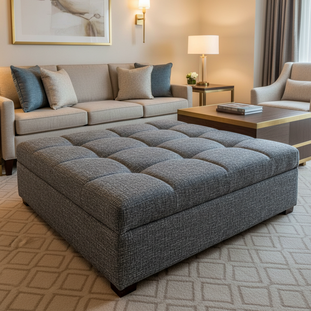 Woven Tweed Texture Charcoal Tweed Upholstered Ottoman | Architectural Fabrics