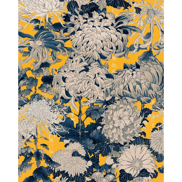 Chrysanthemums Yellow - Taupe, Blue, Yellow Wallcovering | Mind the Gap