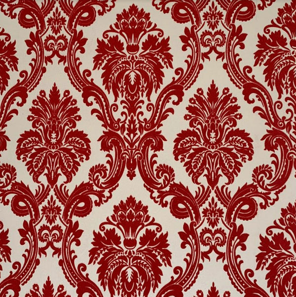 Victory Damask Flocked Velvet - Red on Cream