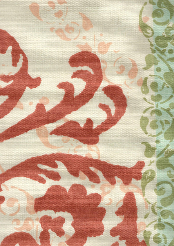 Tropical Damask, Coral / Aqua / Green on Bone Linen-Cotton | Quadrille