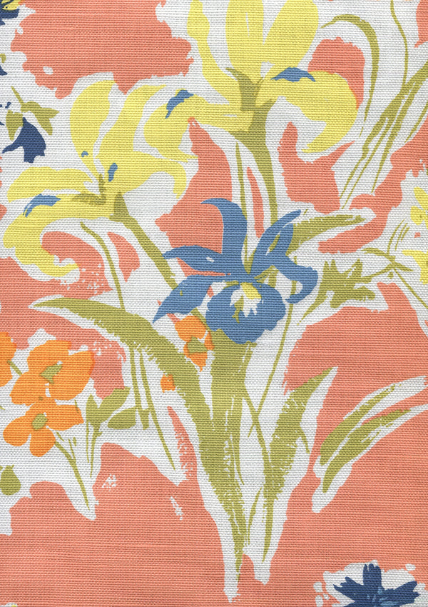 Flowers II Coral Yellow Green Orange Screen Printed Fabric | China Seas